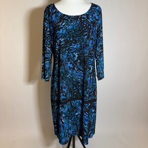 Dana Buchman Blue Black Abstract Print 3/4 Sleeve Shift Dress Large Stretch Work